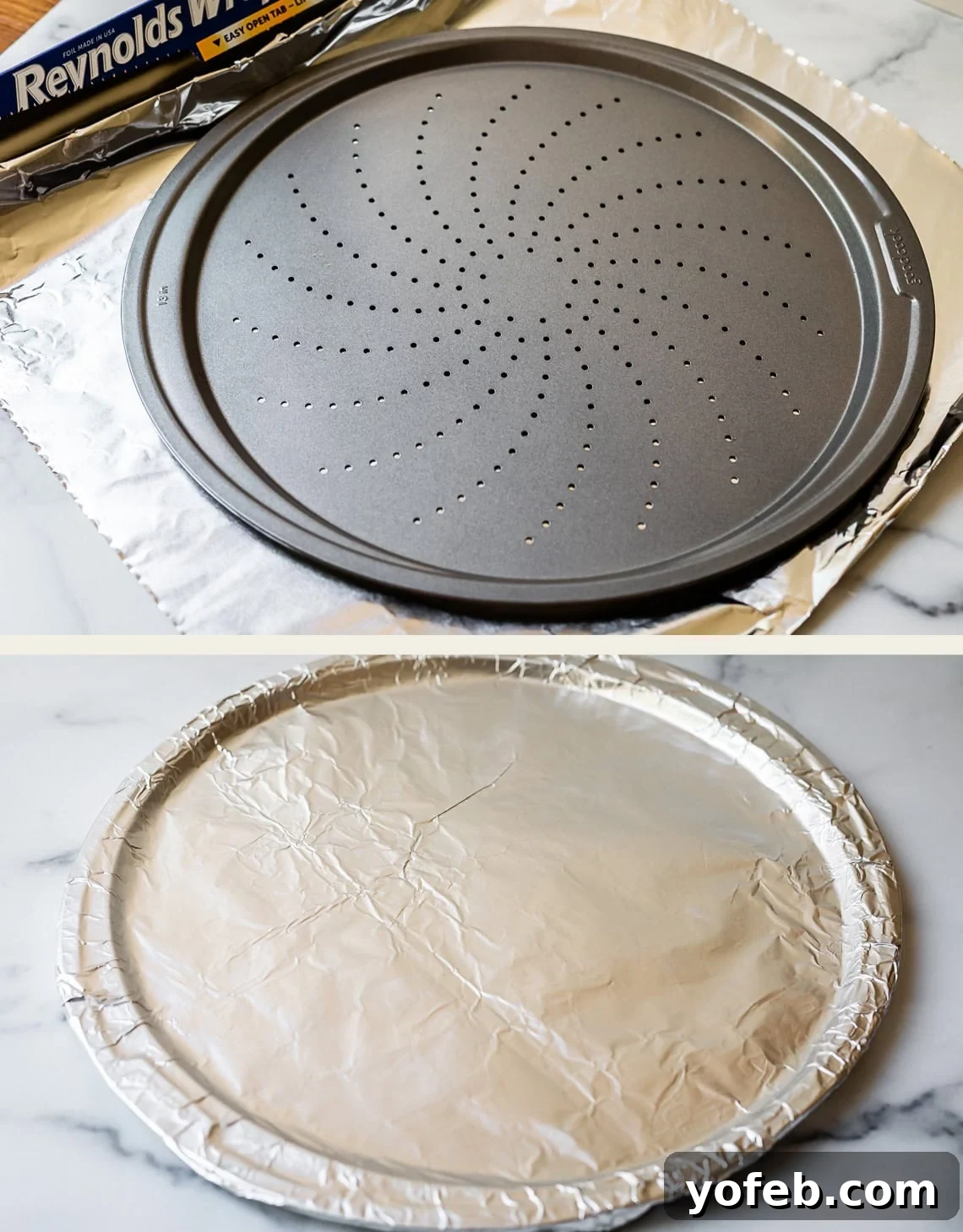 Pillowy Sugar Cookie Fruit Pizza Delight 12 Top image shows a circular pizza pan sitting on a sheet of foil. Bottom image shows the pizza pan fully wrapped in aluminum foil to prevent crisping.