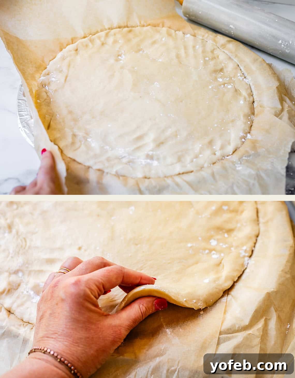 Pillowy Sugar Cookie Fruit Pizza Delight 13 Soft cookie dough pressed evenly into a pizza pan lined with parchment paper, held up to show its ideal thickness of about 3/8 inch.