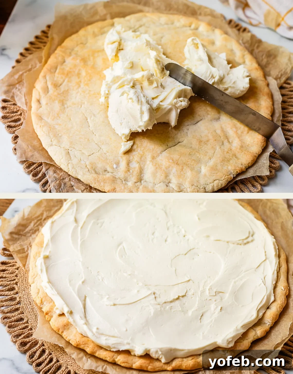 Pillowy Sugar Cookie Fruit Pizza Delight 17 Top image shows frosting being spread onto the baked sugar cookie crust with a spatula. Bottom image shows the crust fully covered with a smooth layer of cream cheese frosting.
