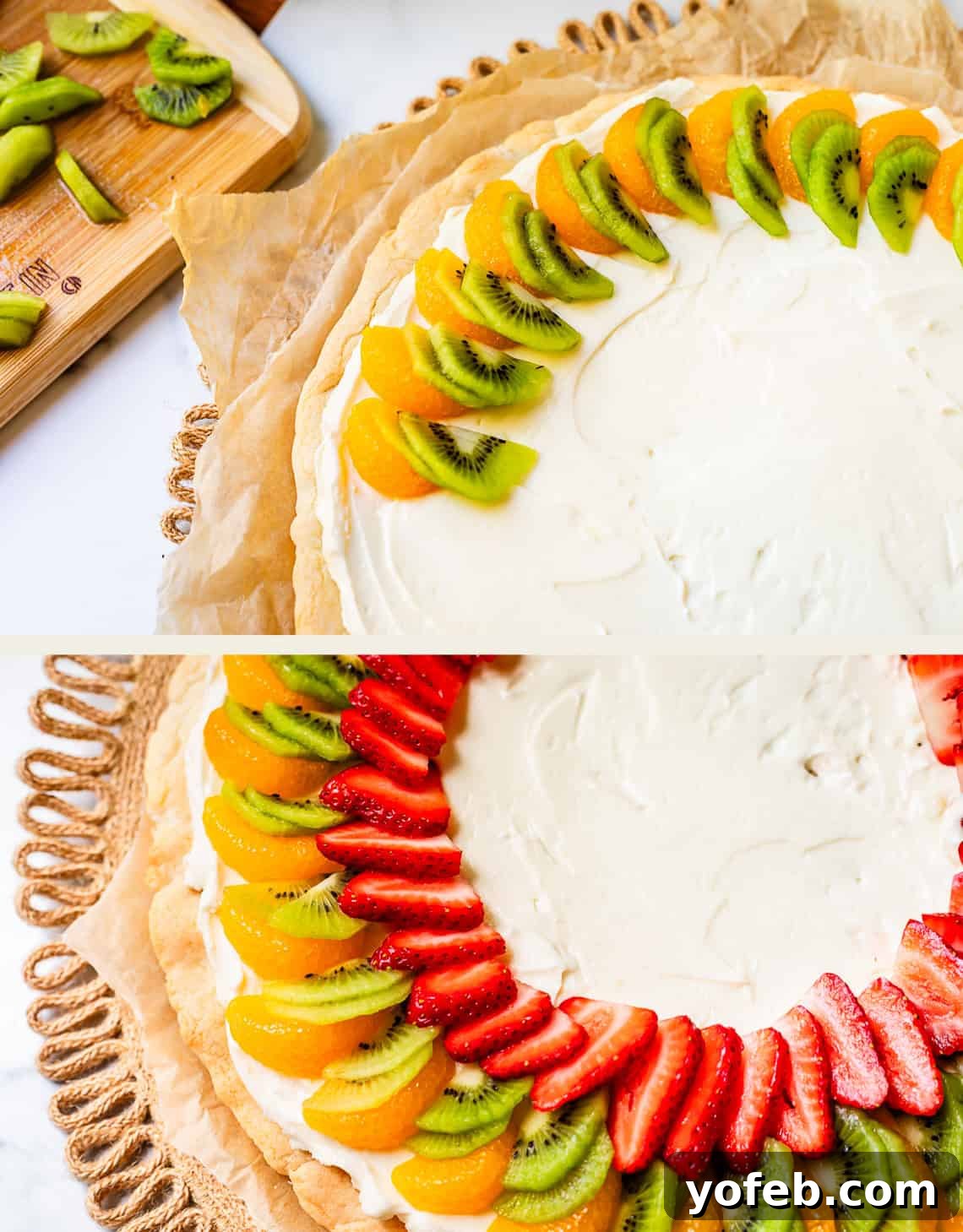 Pillowy Sugar Cookie Fruit Pizza Delight 18 Top image shows mandarin oranges and kiwi being layered onto the frosted sugar cookie crust. Bottom image shows strawberries being added to the fruit pizza arrangement.