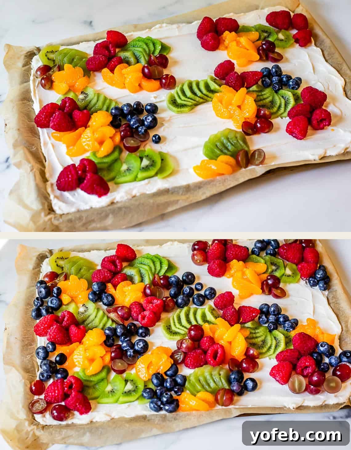 Pillowy Sugar Cookie Fruit Pizza Delight 20 Top image shows arranging various fruits in distinct groupings on a rectangular fruit pizza. Bottom image shows the completed rectangular cookie, resembling a vibrant dessert charcuterie board.
