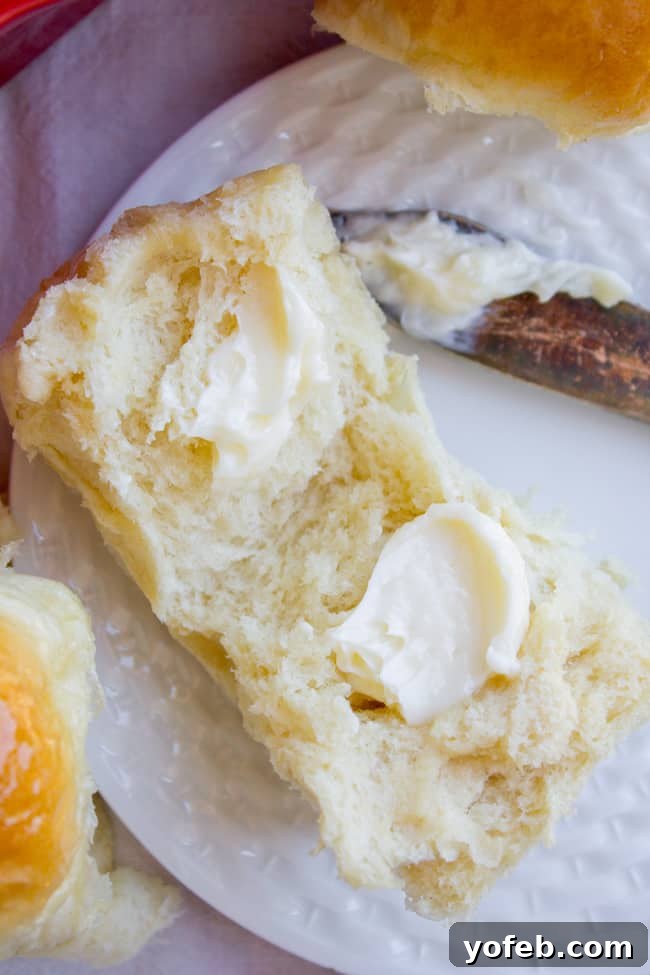 Aunt Shirley's Signature Dinner Rolls 7 A freshly baked dinner roll split open, revealing its soft interior, generously slathered with butter.
