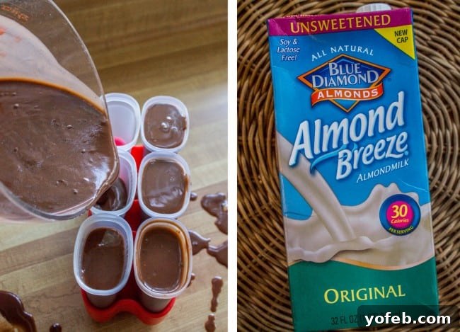 Dreamy Three-Ingredient Fudge Pops 8 Almond Breeze Almondmilk bottle - Essential ingredient for dairy-free fudge pops