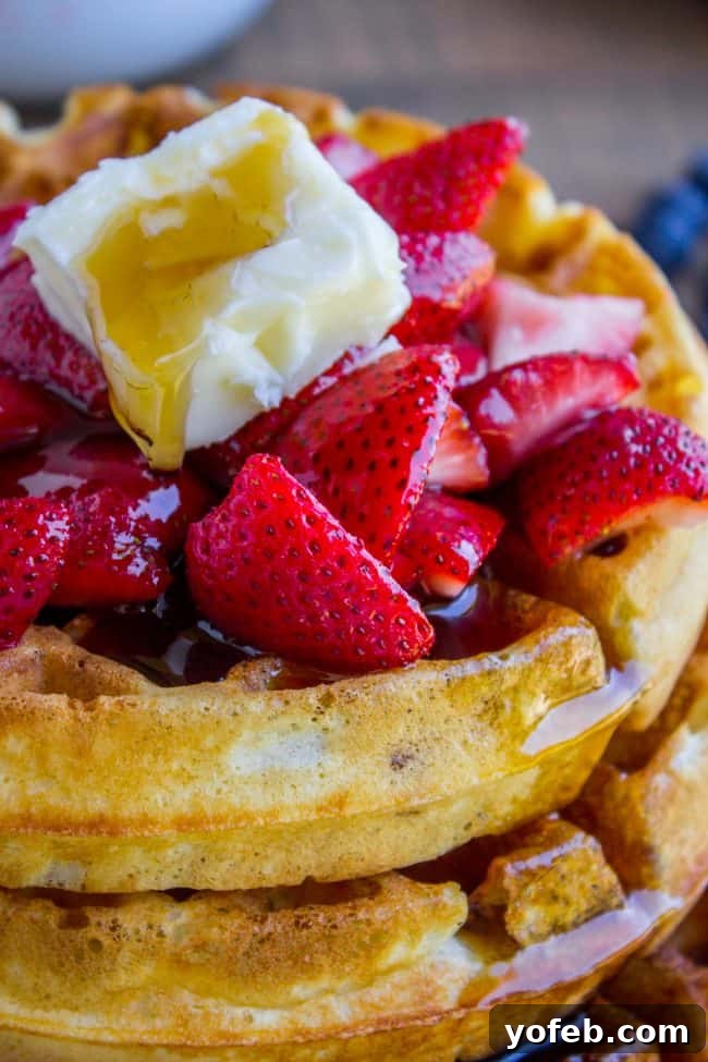 Indulgent Waffles with Whipped Butter and Berries A sumptuous stack of homemade waffles topped with whipped butter, rich syrup, and vibrant fresh strawberries.
