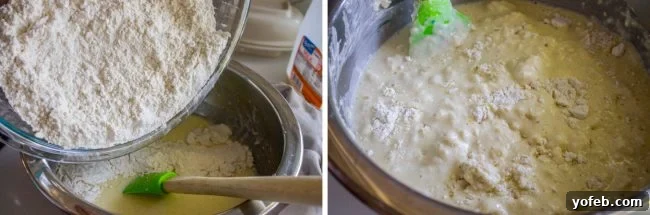 Waffle Batter Preparation Steps: Mixing and Folding The process of mixing dry ingredients into wet ingredients, followed by carefully folding in whipped egg whites to create a perfect waffle batter.
