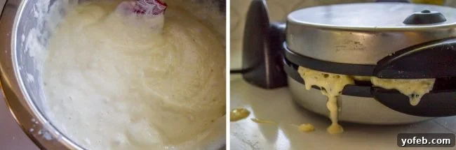 Waffle Batter Stages: Mixing and Overfill Warning A visual demonstration showing initial waffle batter mixing, followed by the consequence of overfilling a waffle iron with batter.