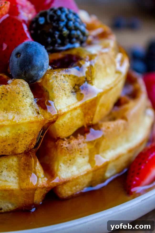 Berry-Topped Waffles with Syrup: A Sweet Treat A delectable stack of homemade waffles on a plate, generously covered in syrup and garnished with a medley of fresh berries.