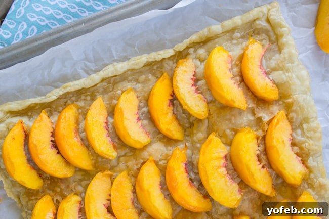 Peachy Nutella Pockets 8 Sliced peaches neatly arranged, ready for baking.