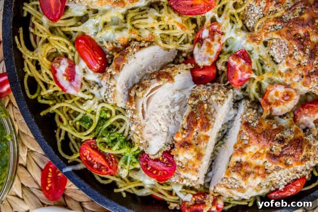 Golden Almond Chicken and Zesty Pesto Pasta 9 Almond-Crusted Chicken on Pesto Pasta in Casserole Dish