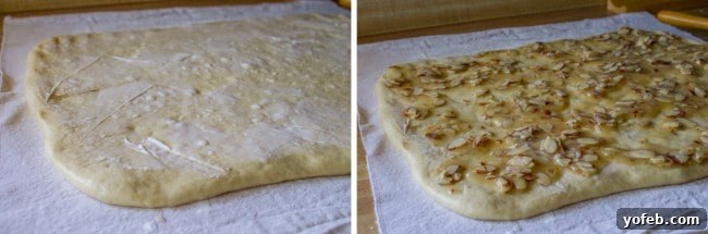 Golden Hour Almond Swirls 7 Spreading butter and the honey almond topping onto sweet roll dough.