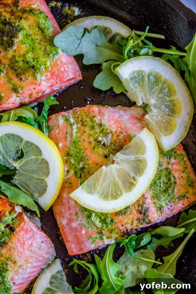 Quick-Fix Salmon with Peppery Arugula Pesto 4 Close-up of Pan-Seared Salmon with Arugula Pesto, ready to serve
