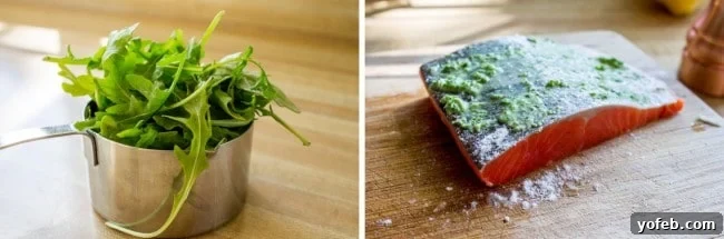 Quick-Fix Salmon with Peppery Arugula Pesto 7 Pan-seared salmon cooking in a hot skillet