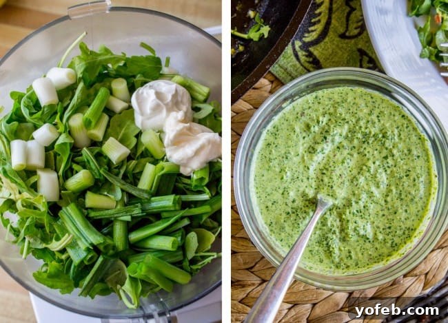 Quick-Fix Salmon with Peppery Arugula Pesto 8 Fresh arugula pesto being blended for salmon