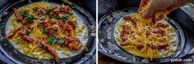 Sprinkling Cheese on a Quesadilla Adding cheese to a quesadilla