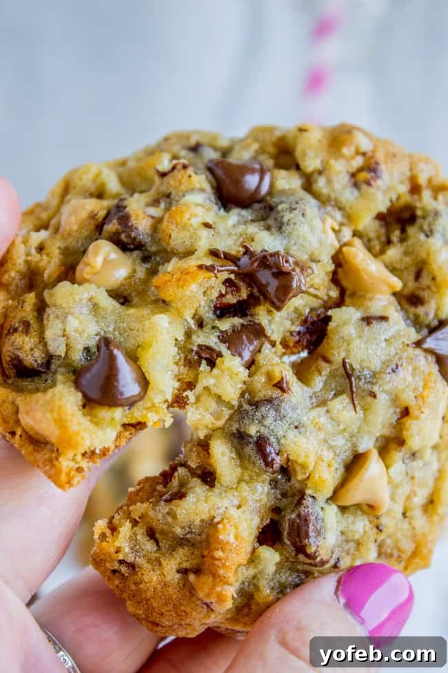 Texas Cowboy Cookies from The Food Charlatan. Everything's bigger in Texas and these Cowboy cookies (sometimes called Texas Cow Chips) are no exception. They are crispy on the edges but chewy and moist in the middle, and have about a hundred mix-ins that all combine to create the Texas of all cookies. #texas #cowboy #cookies #chocolatechip #chocolate #peanutbutterchips #oatmeal #coconut #pecans #crispy #crunchy A cowboy cookie held up close, showing its irresistible blend of ingredients.