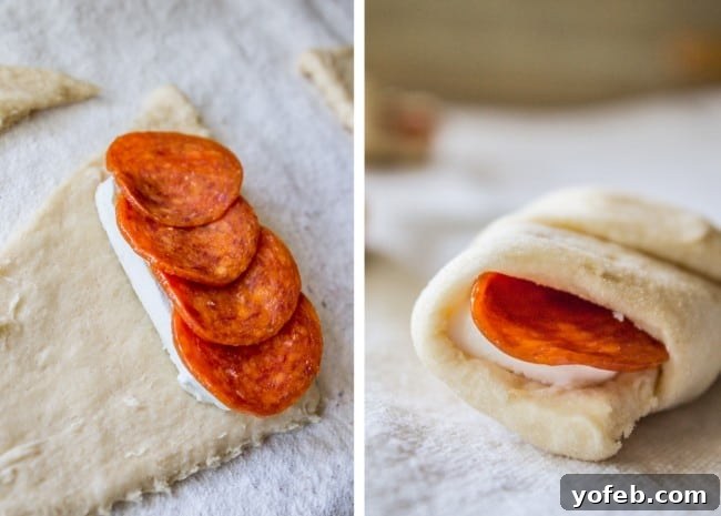 Rolling Pepperoni Cream Cheese Crescent Rolls, showing pepperoni and cream cheese tucked inside.