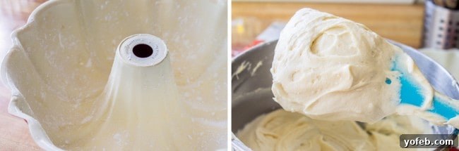 The Ultimate Cream Cheese Pound Cake 6 A greased and floured bundt pan alongside a spatula laden with rich, creamy cake batter, ready for baking.