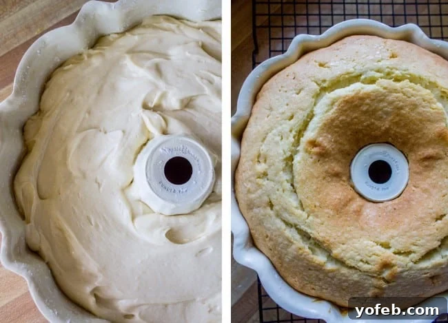 The Ultimate Cream Cheese Pound Cake 7 Two images: A bundt pan filled with unbaked pound cake batter, and the same pan with the perfectly golden-baked pound cake.