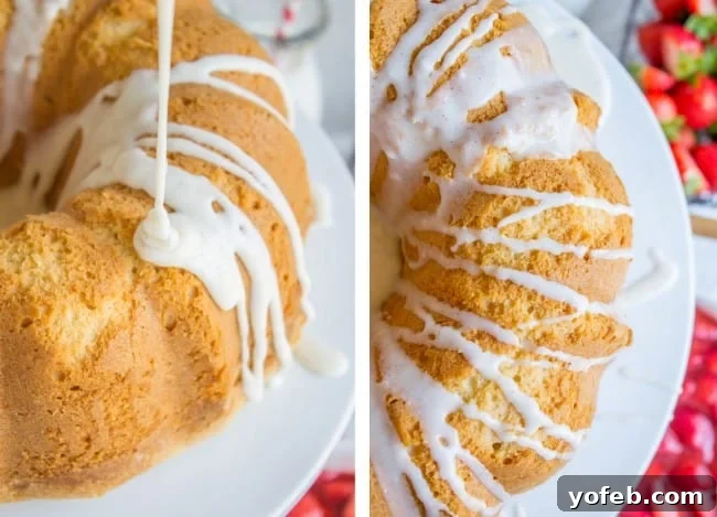 The Ultimate Cream Cheese Pound Cake 8 A beautifully baked cream cheese pound cake generously coated with a smooth, glossy vanilla glaze, ready to be enjoyed.