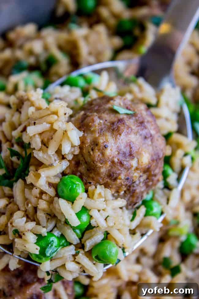 One Pan Meatball Rice Feast 2 Delicious beef meatballs with rice and peas served on a large metal spoon, ready to be enjoyed.