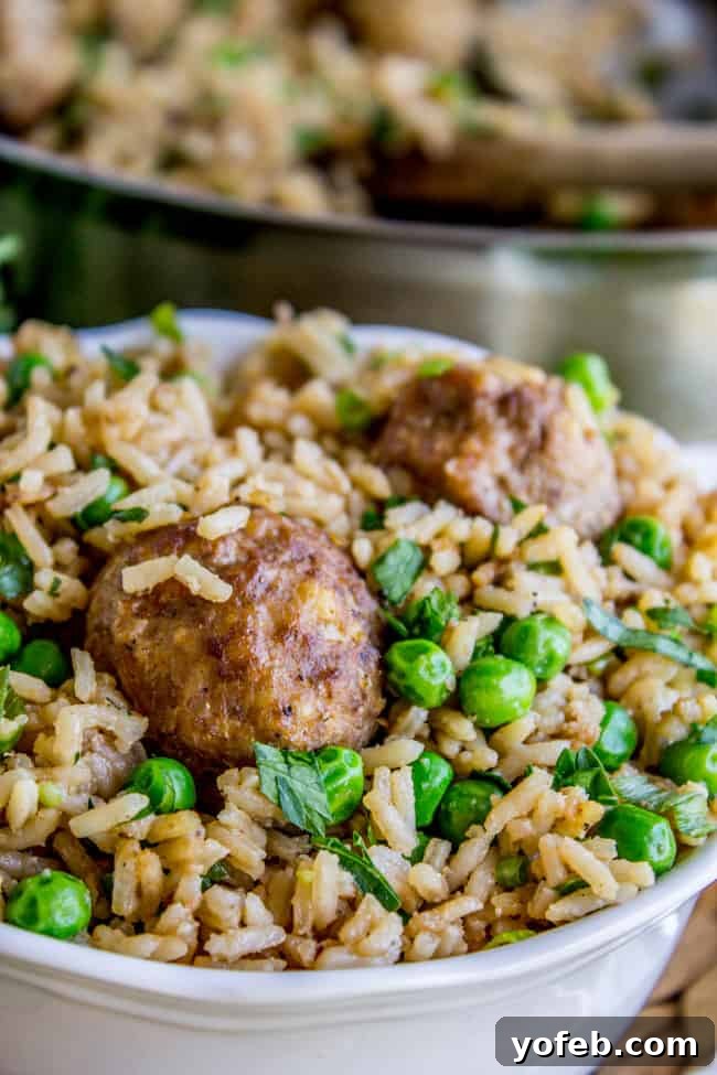 One Skillet Beef Meatballs with Rice and Peas from The Food Charlatan