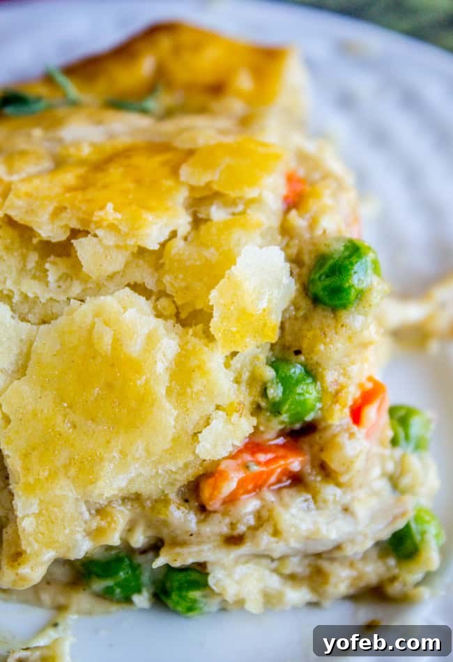 Classic Double Crust Chicken Pot Pie from The Food Charlatan. The BEST recipe for Chicken Pot Pie! Carrots, peas, and rotisserie chicken (or use leftover turkey from Thanksgiving!) come together in a deliciously flavorful gravy. All wrapped up in a buttery, flaky chicken pot pie crust! If you've only tried frozen pot pies from the store...please, I'm begging you, make this. #potpie #piecrust #chicken #homemade #fromscratch #flaky #butter #recipe A golden-crusted slice of homemade chicken pot pie, showing the rich filling inside.
