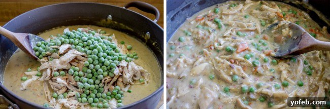 Classic Double Crust Chicken Pot Pie from The Food Charlatan. The BEST recipe for Chicken Pot Pie! Carrots, peas, and rotisserie chicken (or use leftover turkey from Thanksgiving!) come together in a deliciously flavorful gravy. All wrapped up in a buttery, flaky chicken pot pie crust! If you've only tried frozen pot pies from the store...please, I'm begging you, make this. #potpie #piecrust #chicken #homemade #fromscratch #flaky #butter #recipe Adding shredded chicken and vegetables to a creamy white sauce in a skillet.