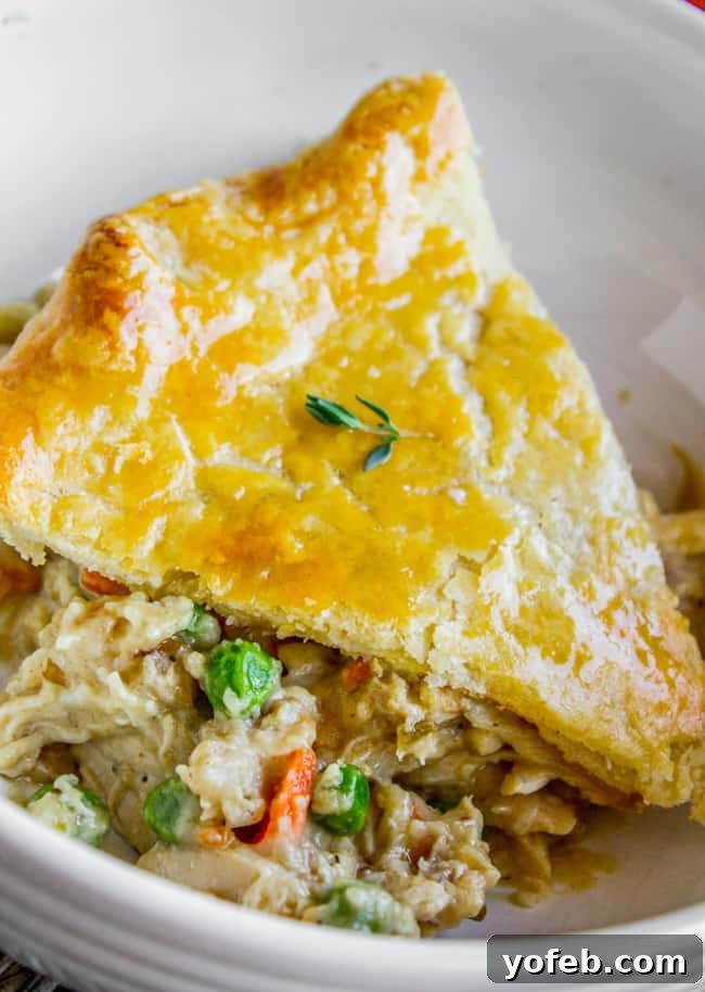 Classic Double Crust Chicken Pot Pie from The Food Charlatan. The BEST recipe for Chicken Pot Pie! Carrots, peas, and rotisserie chicken (or use leftover turkey from Thanksgiving!) come together in a deliciously flavorful gravy. All wrapped up in a buttery, flaky chicken pot pie crust! If you've only tried frozen pot pies from the store...please, I'm begging you, make this. #potpie #piecrust #chicken #homemade #fromscratch #flaky #butter #recipe A comforting slice of homemade chicken pot pie served in a white bowl.