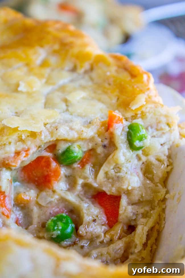 Classic Double Crust Chicken Pot Pie from The Food Charlatan. The BEST recipe for Chicken Pot Pie! Carrots, peas, and rotisserie chicken (or use leftover turkey from Thanksgiving!) come together in a deliciously flavorful gravy. All wrapped up in a buttery, flaky chicken pot pie crust! If you've only tried frozen pot pies from the store...please, I'm begging you, make this. #potpie #piecrust #chicken #homemade #fromscratch #flaky #butter #recipe A savory chicken pot pie, baked to perfection with a golden, flaky crust and a peek at the creamy filling.