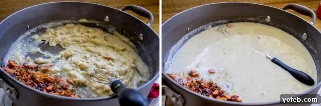 Comforting Classic Chicken Pot Pie 5 A whisk stirring a roux with sautéed carrots in a large skillet.