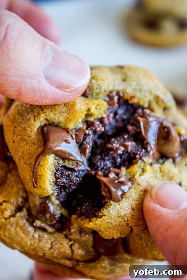 Pumpkin Peanut Butter Blooms 10 Exquisite Brownie-Stuffed Chocolate Chip Cookies, showcasing their gooey brownie center within a golden chocolate chip cookie exterior