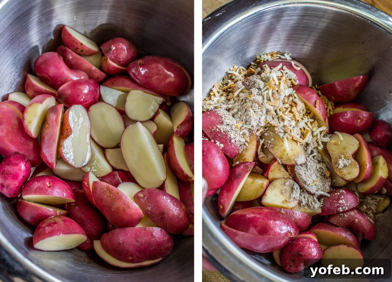 Mixing Potatoes with Onion Soup Mix Red potatoes being tossed in a bowl with olive oil and dry onion soup mix.