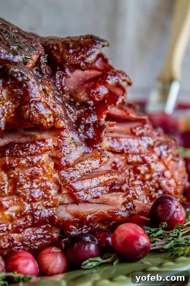 Succulent Roasted Ham with Sweet and Tangy Cranberry Dijon Glaze 5 Side shot of glazed spiral ham with cranberries
