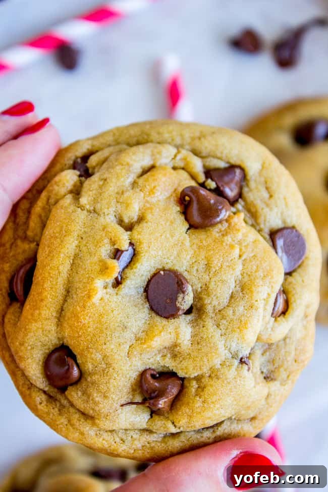The Ultimate Brown Butter Chocolate Chip Cookies 2 Hand holding a perfectly baked brown butter chocolate chip cookie, showcasing its golden edges and melted chocolate chips.
