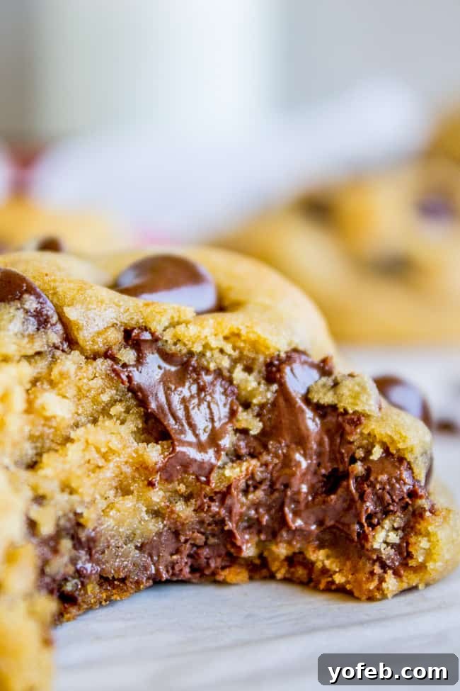 The Ultimate Brown Butter Chocolate Chip Cookies 12 A single chocolate chip cookie, perfectly baked with melting chocolate chips, showing a delicious bite taken out of it.