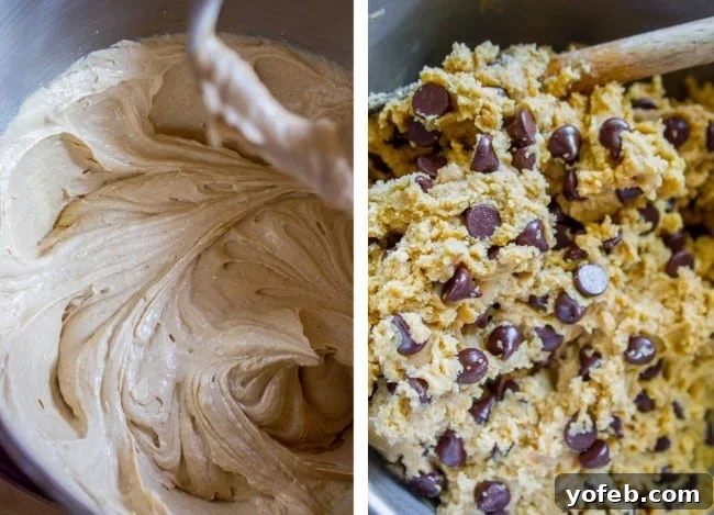 The Ultimate Brown Butter Chocolate Chip Cookies 10 The process of creaming brown butter with sugar, followed by a close-up of thick chocolate chip cookie dough being mixed with a wooden spoon.