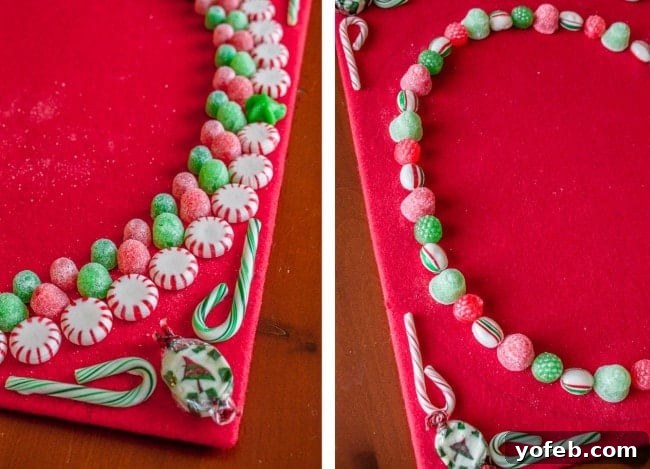 Candy Christmas Tree Craft from The Food Charlatan. Learn how to make your own Candy Christmas Tree craft to deck the halls this year! Get some felt and burlap and a TON of old fashioned candy and start glueing away. My mother-in-law still has the one she made 30 years ago! #christmas #tree #candy #oldfashioned #homemade #christmastree #holidays #candycrafts Creative Candy Layout Ideas for Christmas Tree Border