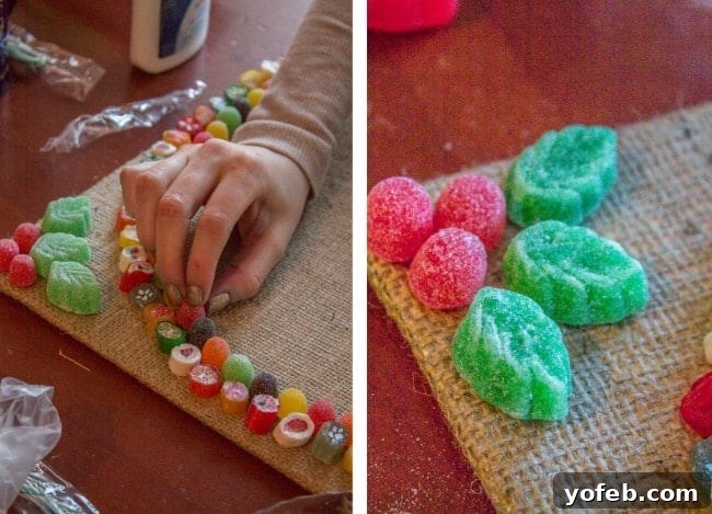 Candy Christmas Tree Craft from The Food Charlatan. Learn how to make your own Candy Christmas Tree craft to deck the halls this year! Get some felt and burlap and a TON of old fashioned candy and start glueing away. My mother-in-law still has the one she made 30 years ago! #christmas #tree #candy #oldfashioned #homemade #christmastree #holidays #candycrafts Candy Christmas Tree Design: Oval Border and Corner Embellishments
