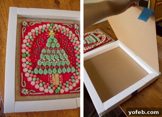 Candy Christmas Tree Craft from The Food Charlatan. Learn how to make your own Candy Christmas Tree craft to deck the halls this year! Get some felt and burlap and a TON of old fashioned candy and start glueing away. My mother-in-law still has the one she made 30 years ago! #christmas #tree #candy #oldfashioned #homemade #christmastree #holidays #candycrafts Protecting Candy Christmas Tree with Cardboard and Styrofoam