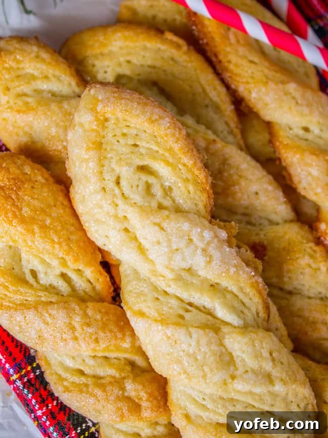 Swedish Layered Sour Cream Twists 17 A basket full of baked sugary twist cookies, ready to be served or gifted.