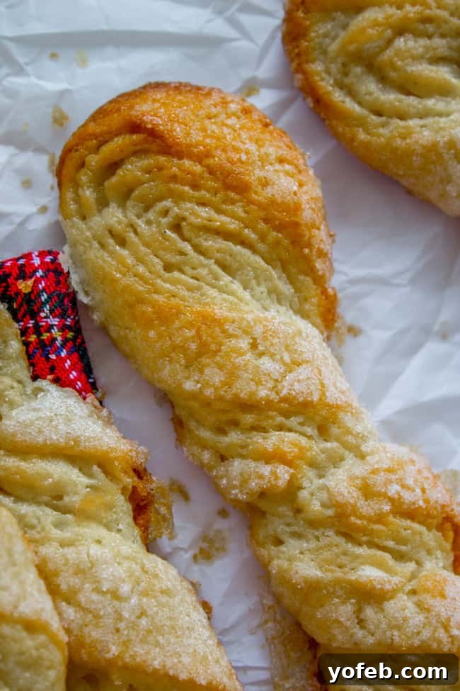 Swedish Layered Sour Cream Twists 4 a full shot of a Swedish sour cream twist cookie, highlighting its texture and sugared exterior.