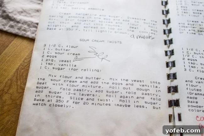 Swedish Layered Sour Cream Twists 6 Eric´s grandma´s recipe book, opened to a handwritten page.