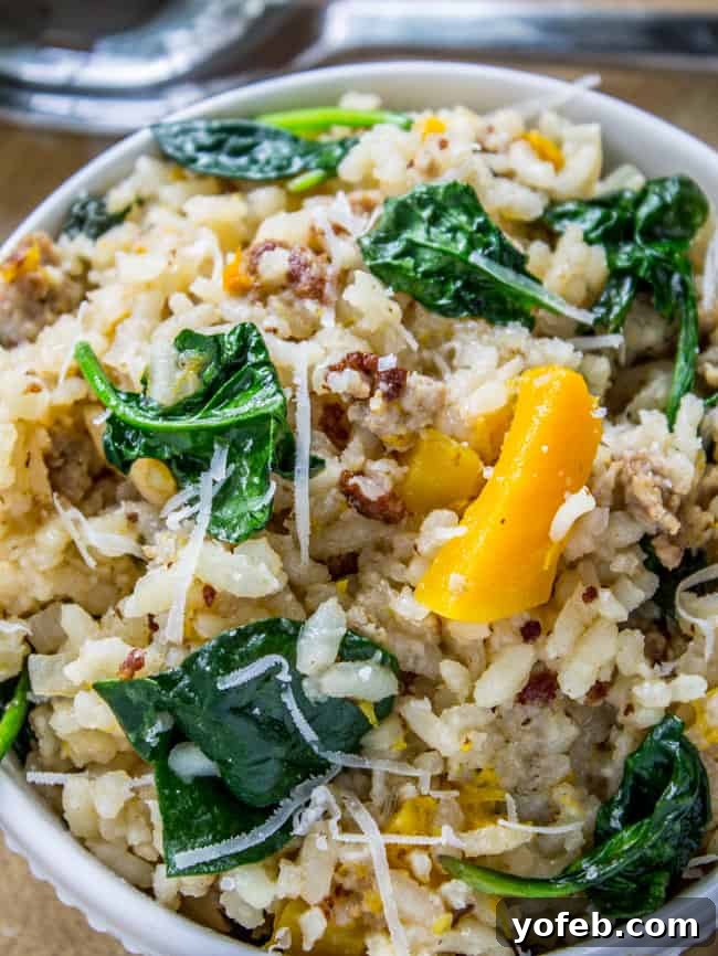 Easy Slow Cooker Butternut Squash Risotto with Italian Sausage and Spinach Creamy Slow Cooker Butternut Squash Risotto with Italian Sausage
