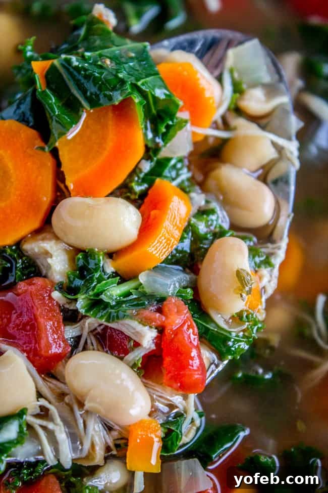Hearty Chicken, White Bean, and Kale Soup - A Healthy Comfort Food A large spoonful of Slow Cooker Chicken, White Bean, and Kale Soup, showing off the rich combination of chicken, carrots, white beans, and vibrant kale.