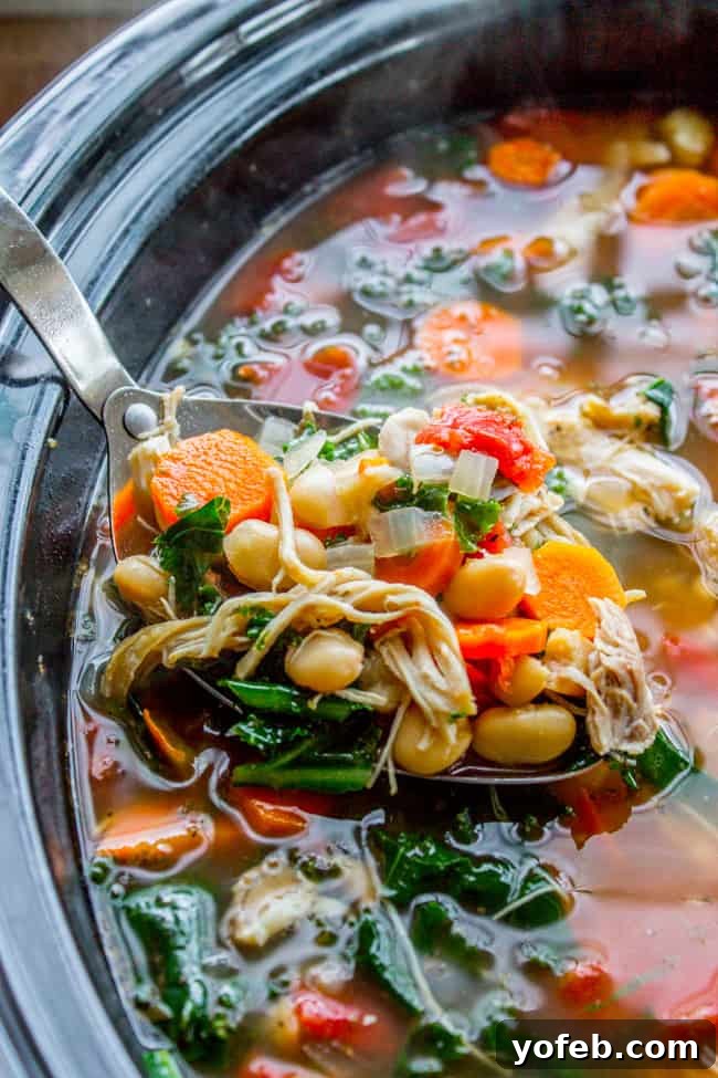 Best Chicken and Kale Soup with White Beans A spoon lifting a delicious scoop of Slow Cooker Chicken, White Bean, and Kale Soup from a crock pot, showcasing the tender ingredients.