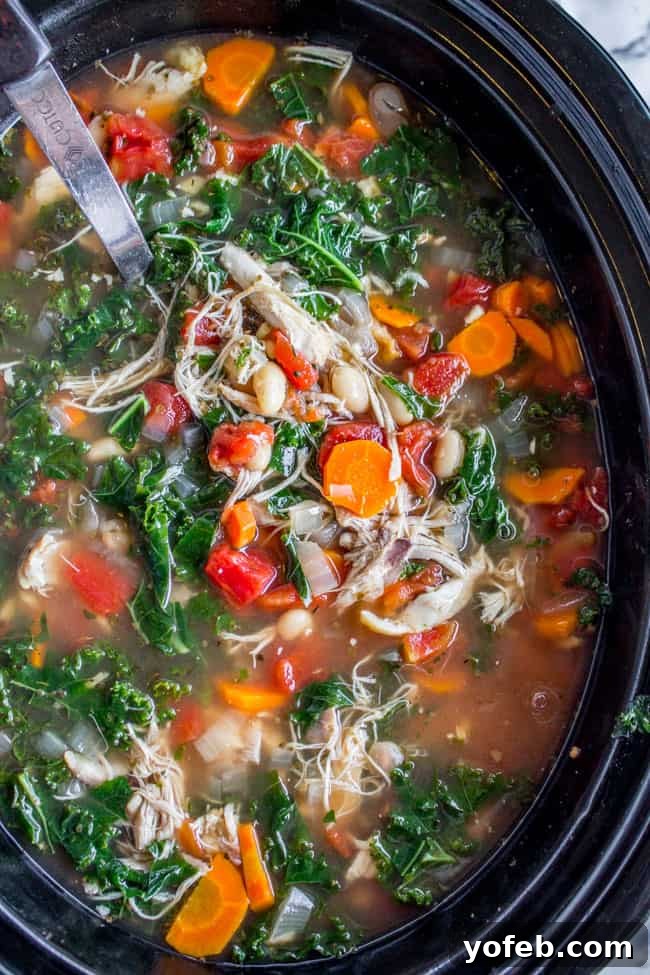 Easy Slow Cooker Chicken and Kale Soup A metal spoon resting in a slow cooker filled with a rich, steaming batch of white bean, chicken, and kale soup.