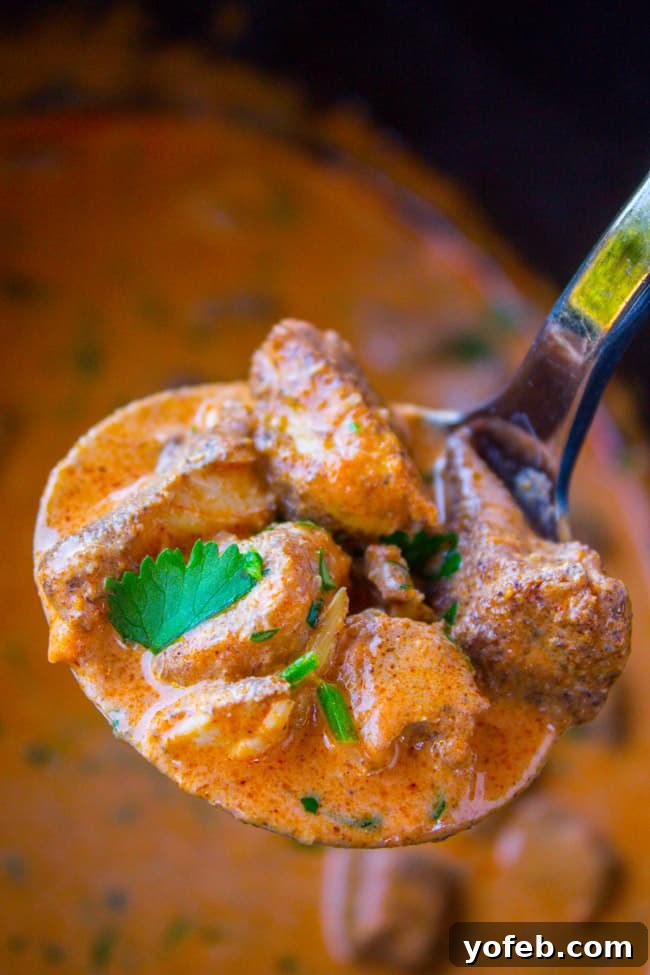 A close-up shot of creamy Chicken Tikka Masala with tender chicken pieces, ready to be enjoyed.