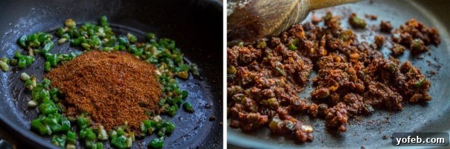 A mix of toasted spices, garlic, and jalapeno in a pan, ready to be added to the slow cooker sauce.
