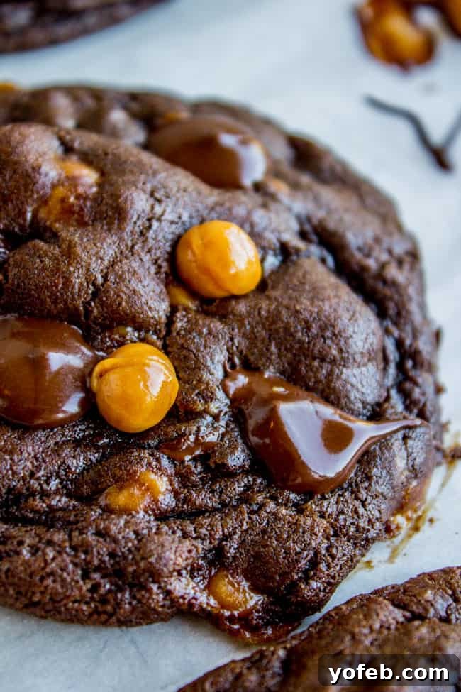Irresistible Double Chocolate Caramel Cookies 7 Warm Double Chocolate Caramel Cookie Cooling on a Rack