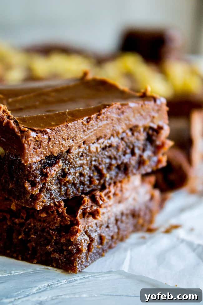 Nana's Legendary Fudgy Brownies 4 A beautiful stack of Nana's fudge brownies, generously covered with shiny chocolate frosting.